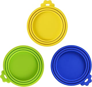 SunGrow Cat Food Can Lids, Durable and Flexible Silicone Wet Pet Food Can Covers, Universal Fit Storage Toppers, Dishwasher-friendly, Yellow, Blue, Green, 4” x 3.5”, 3 Pcs Per Pack