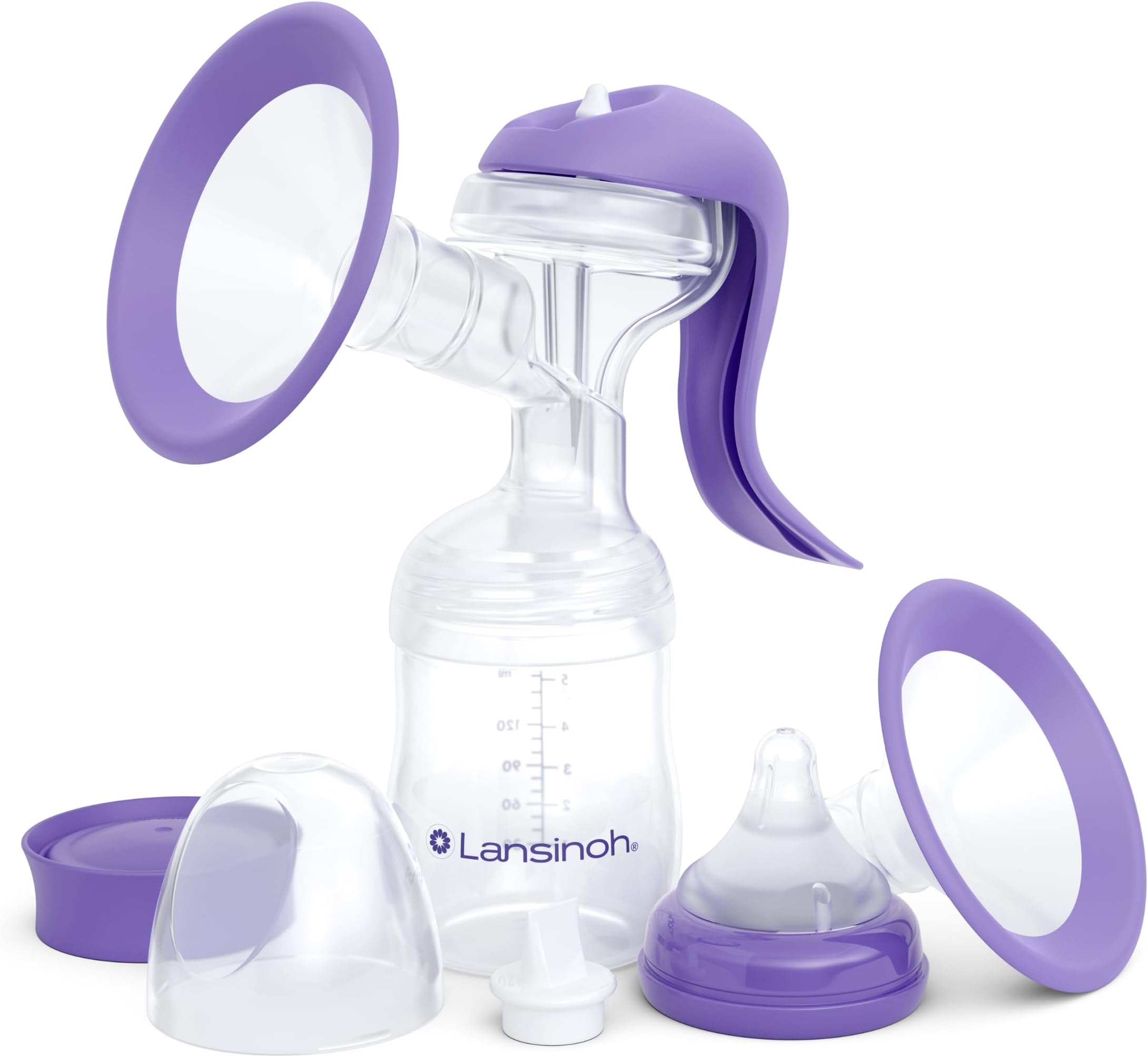 Lansinoh Manual Breast Pump, Breast Feeding Hand Pump with Comfortable Flange, Includes 5oz Baby Bottle with Slow Flow Nipple, Breastfeeding Essentials