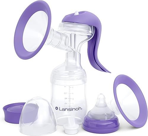 Lansinoh Extractor de leche manual, bomba de mano con borde cómodo, incluye biberón de 5oz con tetina de flujo lento, elementos esenciales para la