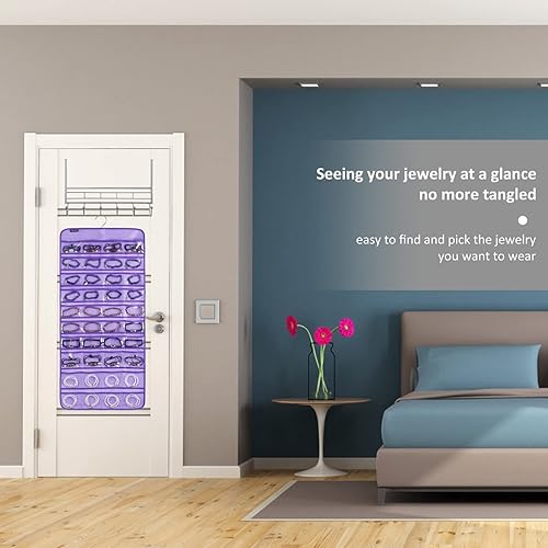 Miniatura 6 de Organizador de joyas colgante de doble cara con 40 bolsillos y 20 bucles de gancho, organizador de joyas para aretes, pulseras, anillos con colgador