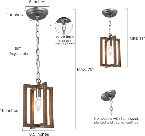 Miniatura 4 de Iluminación colgante de granja, lámpara colgante de metal rústico vintage con acabado cepillado de madera y plata para isla de cocina, comedor,