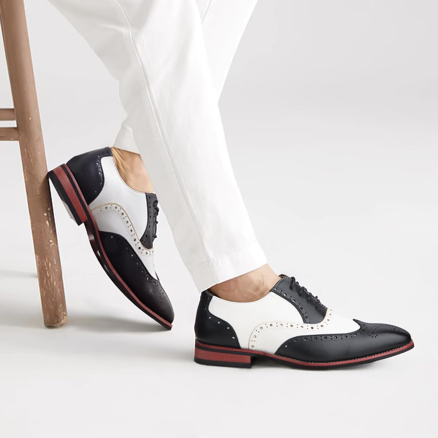 Men Dress Shoes Black and White Shoes Men Wingtip Tow Tone Oxford Shoes - Image 2