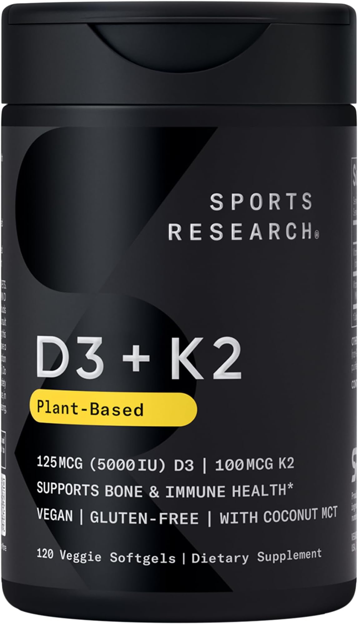 Sports Research Vitamin D3 with K2 Softgels - Plant Based K2 & Vegan D3 5000iu with Coconut MCT Oil - Vegan Certified, Soy & Gluten Free - 120 Count