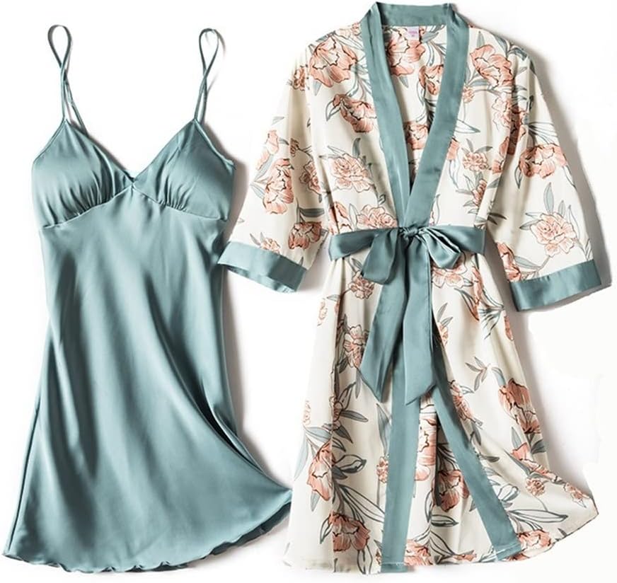 Print Flower Robe Suit 2PCS Sleep Set Women Gown Satin Intimate Lingerie Nighty&Bathrobe Sleepwear Homewear(D,Large)