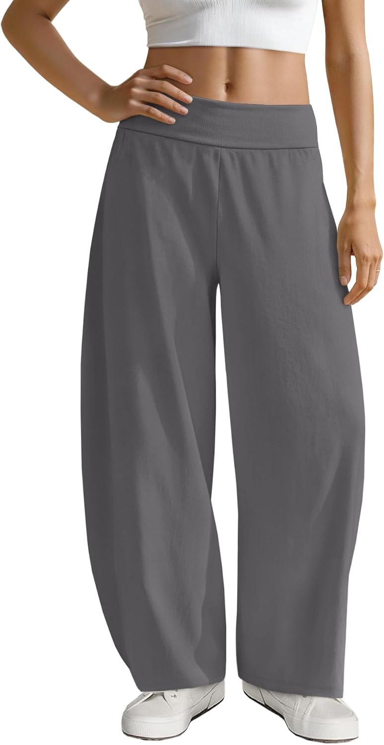 Yanekop Womens Wide Leg Baggy Barrel Pants Elastic High Waisted Lounge Pants Summer Casual Loose Comfy Flowy Trousers