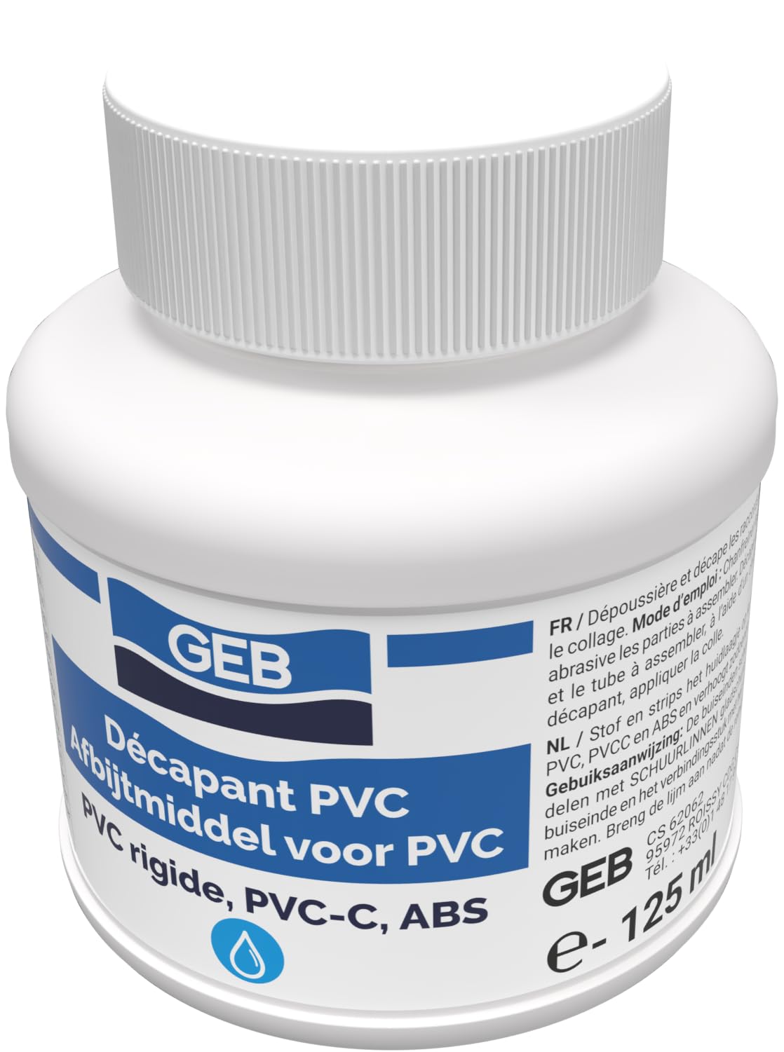 GEB Décapant pour raccords PVC, PVCC et ABS avant collage. Améliore le collage du PVC non plastifié, du PVC-C ou ABS en solubilisant la peau de moulage