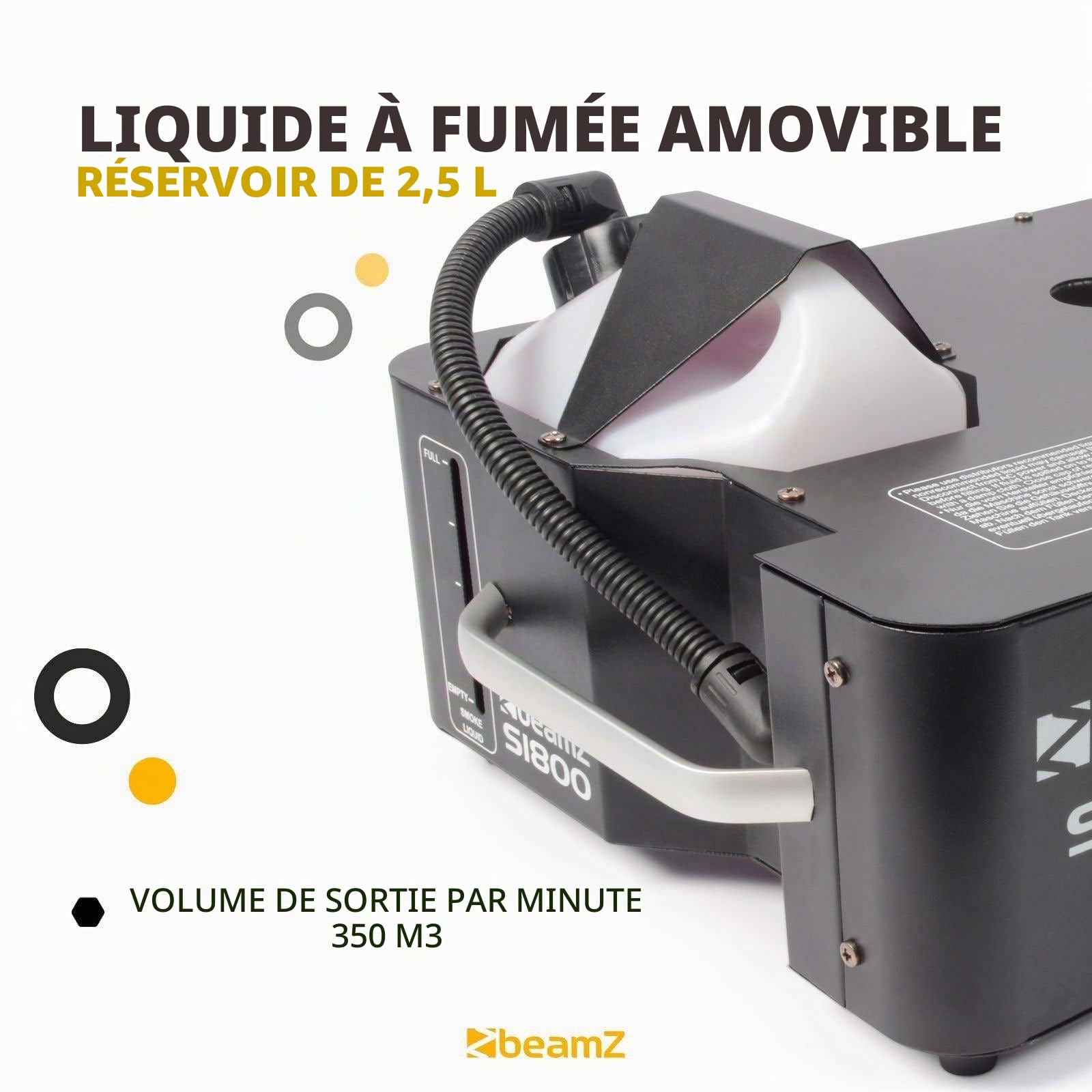 BeamZ S1800 Machine à Fumée 1800 W, DMX, Télécommande 3m, 350 m³ de Fumée par Minute, Position Horizontale ou Verticale, Réservoir Amovible 2,5 L, Idéal pour Concerts, Shows ou Discothèques