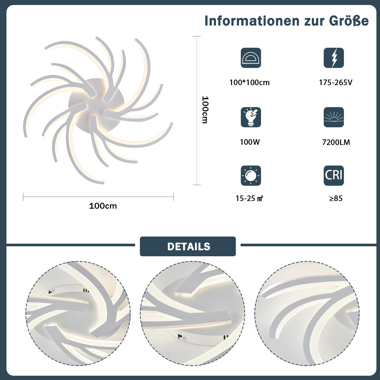 LED Deckenleuchte 100W, Deckenlampe Dimmbar Mit Fernbedienung APP, 100cm Wohnzimmerlampe 3 Flammig Kronleuchter Lampe, 3000-6500K deckenbeleuchtung für Schlafzimmer Wohnzimmer