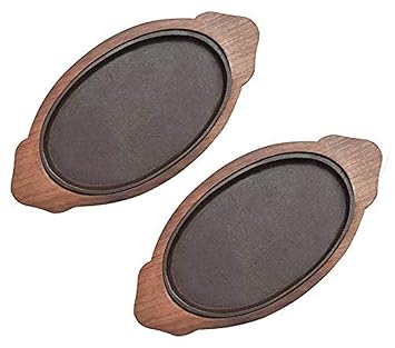 HAINE Serving Dish Sizzler Tray/Plate with Wooden Base, Brown, Pack of 2