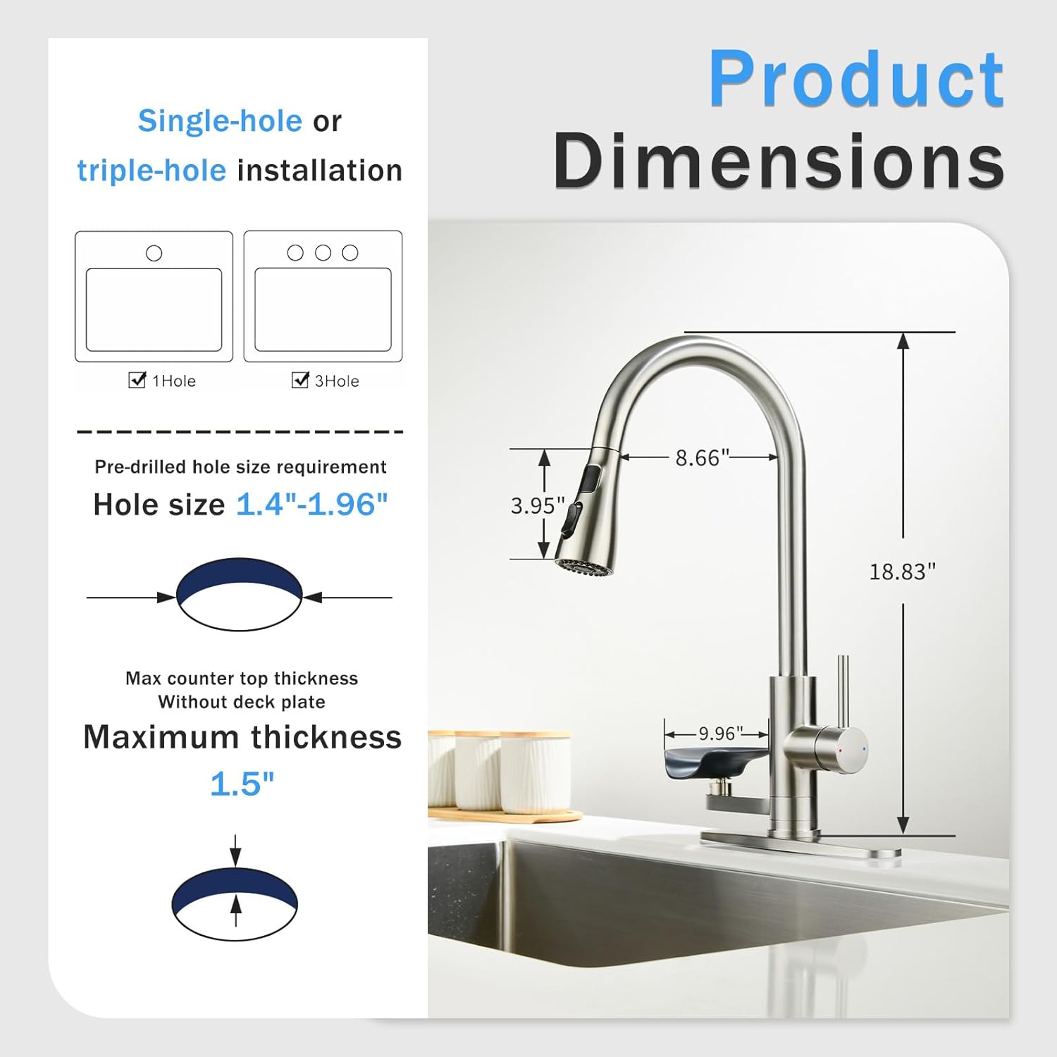 Kitchen Faucet with Glass Rinser, Pull Down Sink Faucet with 3 Spray Modes and High Pressure Glass Rinser, Temperature Display High Arc Stainless Steel Kitchen Faucets (Brushed Nickel)