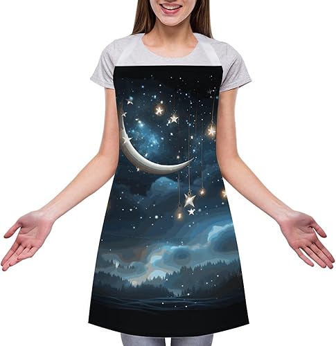 Miniatura 3 de MUSM Apron for Adults - 27.6 X 31.5 Inch, Heavy-Duty Polyester Aprons with Two Large Pockets, Waterproof Nightsky Hanging Moon Stars Kitchen Apron