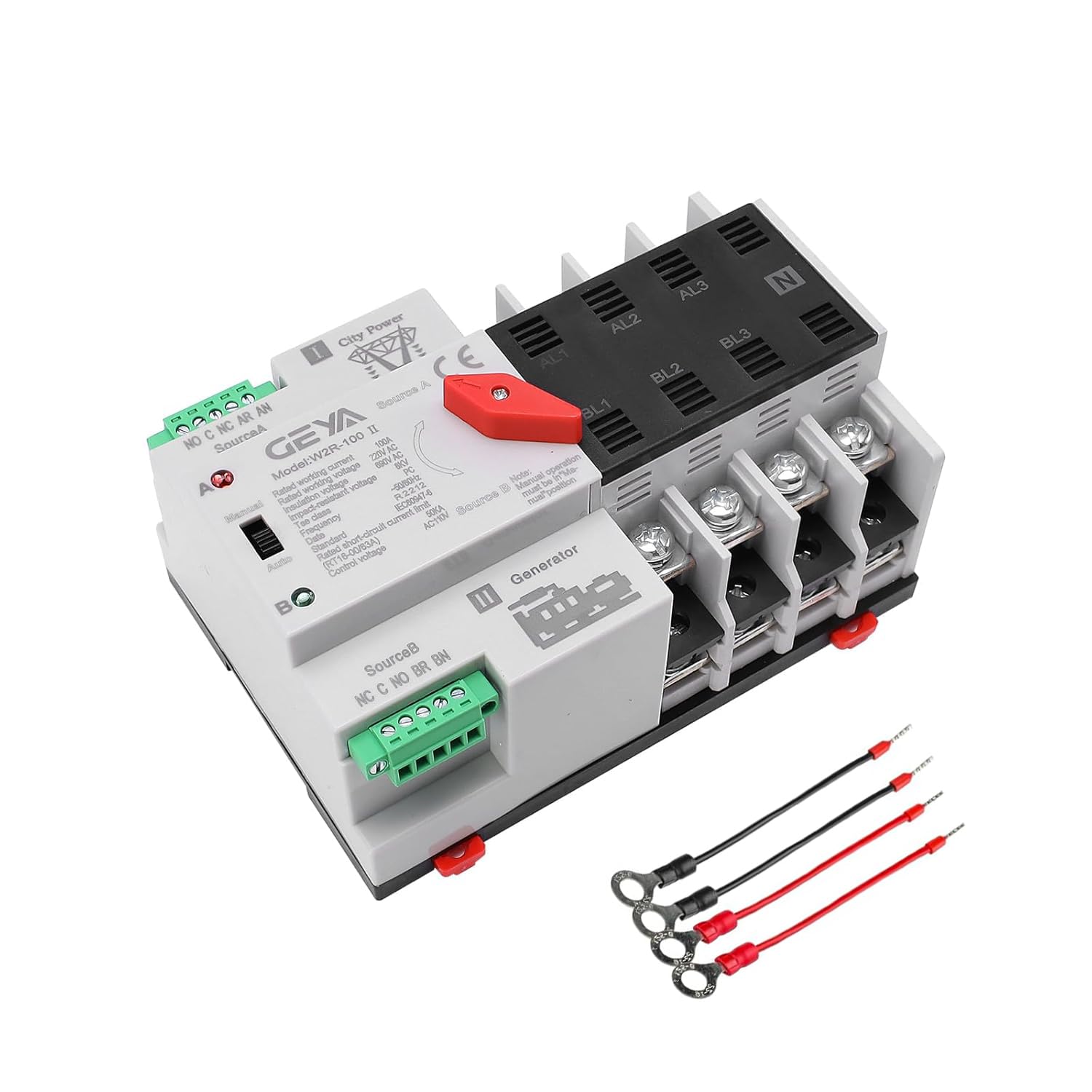 GEYA Mini ATS Automatic/Manual Transfer Switch, Solar Auto Dual Power Over & Under Voltage Switch 50/60Hz Grid to AC Generator(4Pole 100A 110V) - 1