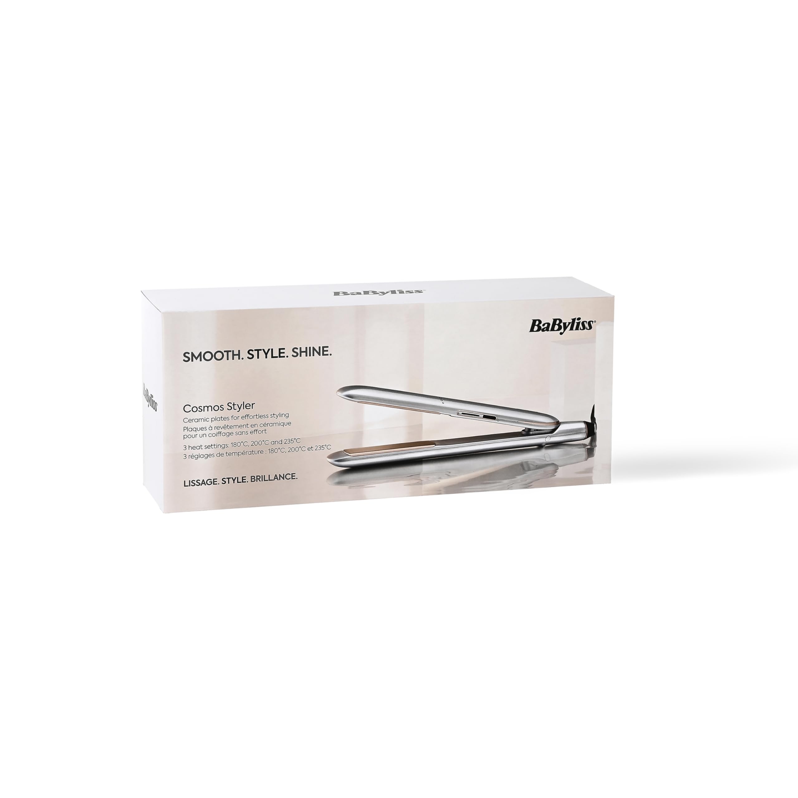 Prostownica do włosów BaByliss Cosmos – technologia ceramiczna Smooth-Glide, 3 ustawienia temperatury 180–235°C, do użytku na całym świecie, kolor srebrny, model ST260E