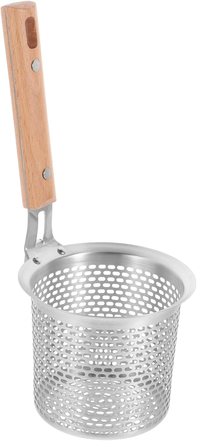 3pcs Stainless Steel Cooking Colander Wooden Handle Stainless Steel Pasta Mesh Strainer for Deep Frying and Noodle Retrieval Comfortable Grip Long Handle Design for Safe Food