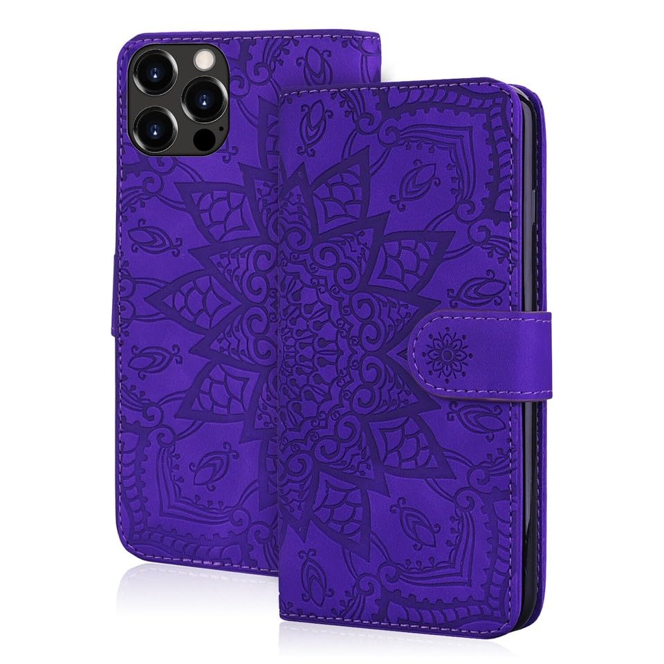 Étui portefeuille iPhone 16 Pro Max violet cuir rabat magnétique avec fente