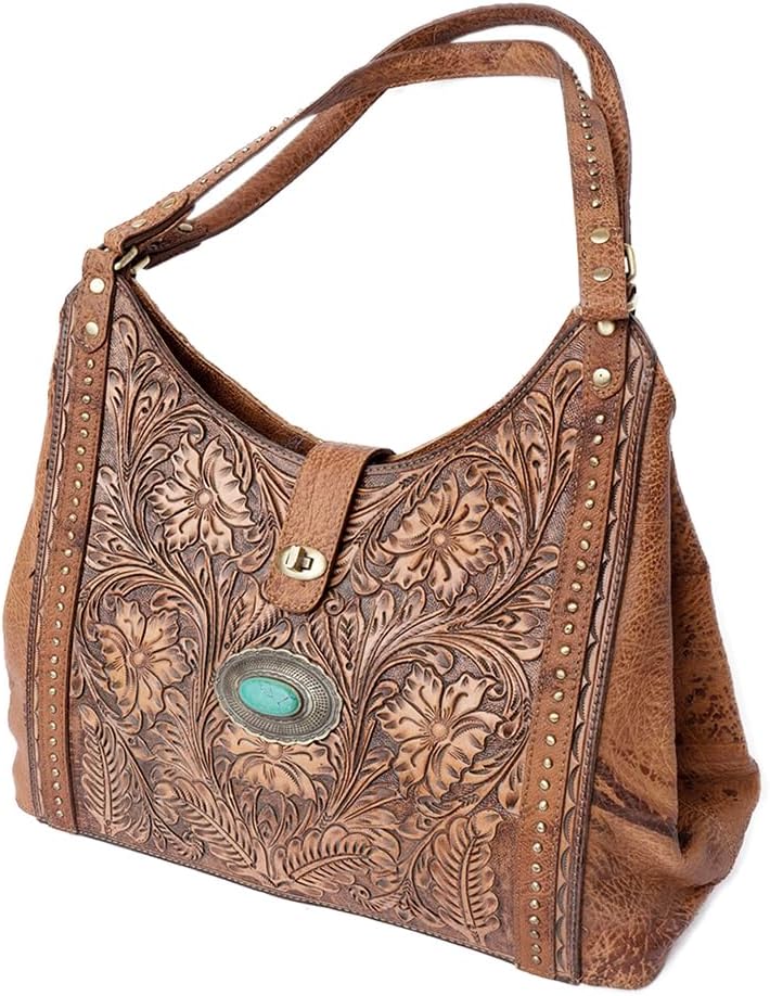 American Darling Hobo Bag, Hand-Tooled Floral Western Leather Purse with Turquoise Stone & Tassels, 10in (H) X 8in (W) X 16in (D)