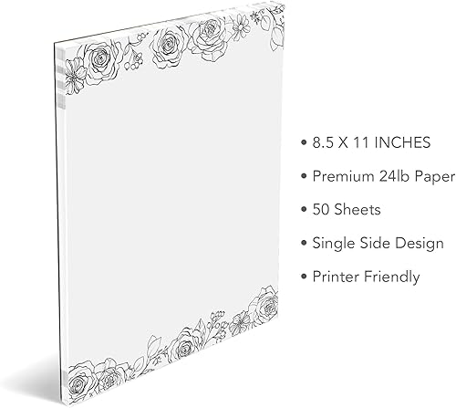 Miniatura 3 de Papel de papelería floral, 50 hojas, papel membrete de flores en blanco y negro de 8.5 x 11 pulgadas, elegante papel de escritura, bonito papel