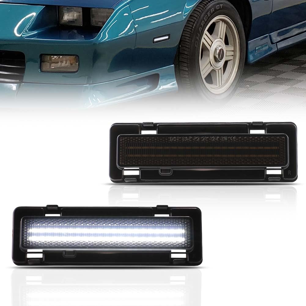 Front Fender LED Side Marker Lights for 1982-1992 Chevy Camaro LT, RS, Sport, Iroc-Z, Z28 Coupe Convertible, Smoked Lens Side Bumper Marker Lamps, White LED Turn Signal Lights, 2 PCS
