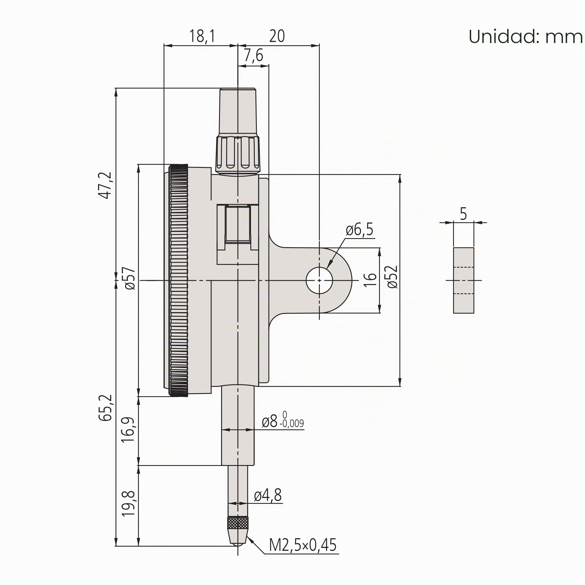 Reloj comparador, tapa con ojal, versión ISO, 10 mm, 0,01 mm