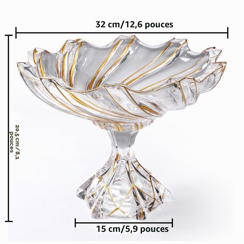 Grand bol décoratif en verre de cristal peint à la main en forme de tourbillon doré - 32 cm de diamètre - Bol en verre sur pied pour comptoir de cuisine et centre de table à manger