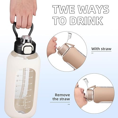 Miniatura 5 de SIEROZUR Botella de agua de vidrio de 32 onzas con popote y asa, botella de vidrio deportiva a prueba de fugas con marcador de tiempo, jarra de agua