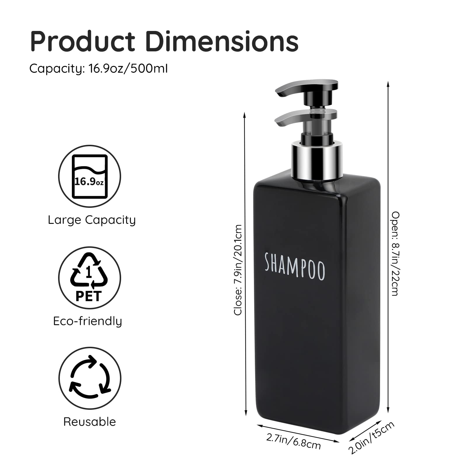 Segbeauty Dispensador de Jabon, Botellas Dispensador de Champú 500ml, 3 Piezas Botella Vacía con Bomba, Botes Recargable de Plástico para Baños y Hoteles (Negro)