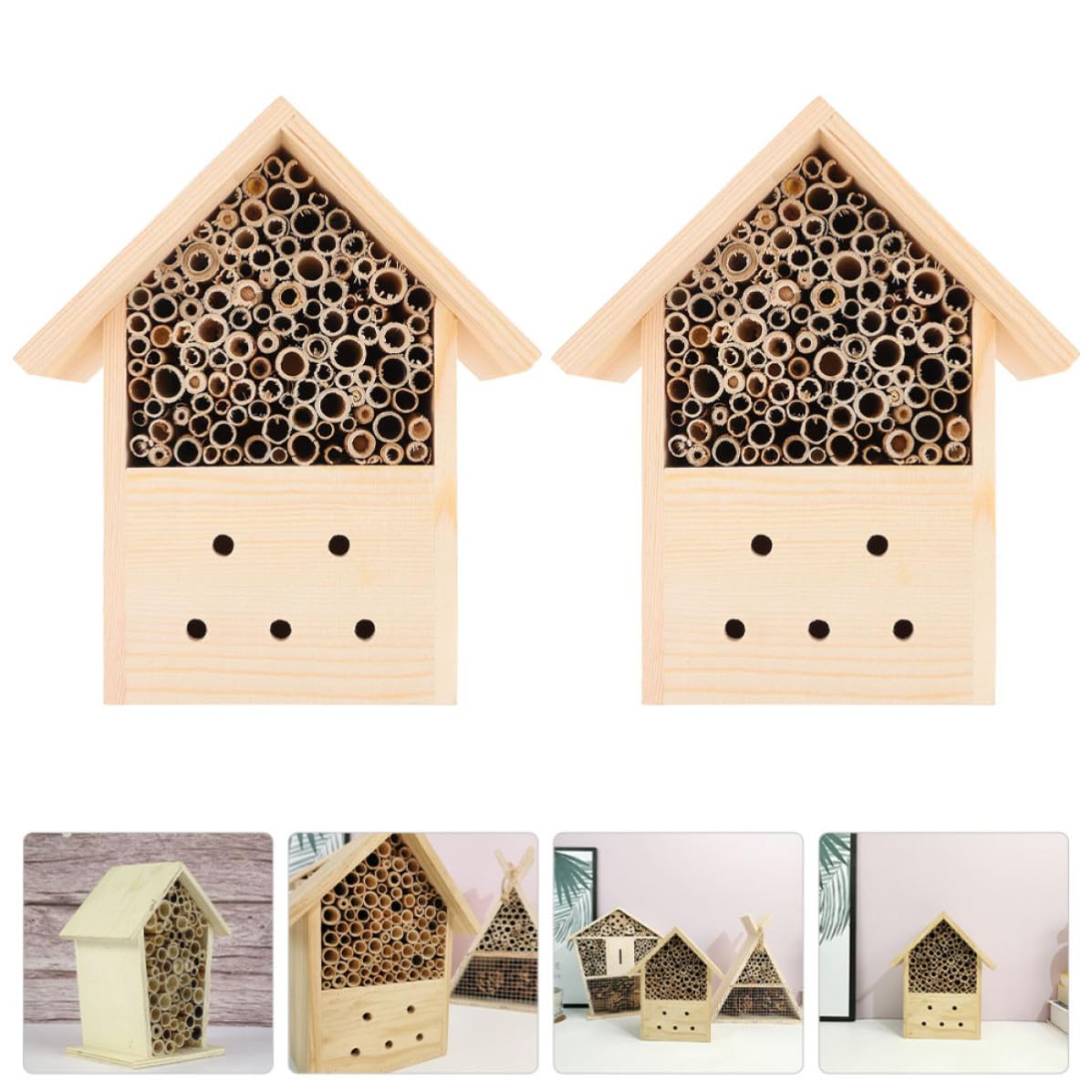 2 Piezas Casa de Abejas de Madera Tipo Cabaña para Jardín Exterior