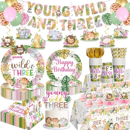 140pcs Young Wild and Three Party Decorations Plate Safari Wild and Three Party Decorations Plate Napkins Tablecloth Banner for Jungle 3 Year Old Birthday Decorations Girl