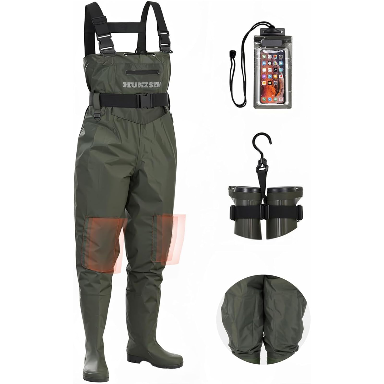 HUNTSEN Fishing Waders for Men Women - 2-Ply Nylon/PVC Waterproof Hunting Chest Waders with Boot Hanger&Phone Case, Size9-13