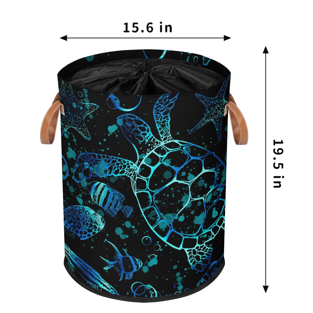 Turtle Laundry Basket with Drawstring for Kids Boys Girls, Collapsible Laundry Dirty Clothes Hamper with Leather Handle for Kid Room Bedroom Living Room Nursery