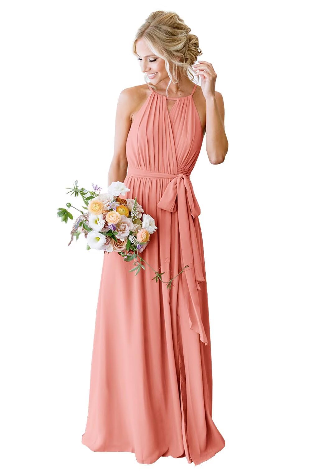 Women's Halter Pleated Chiffon Long Bridesmaid Dresses with Pockets Formal Dresses Evening Party Gown