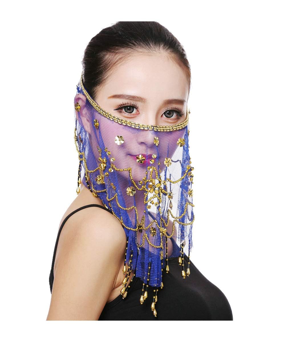 Baisdan Navy Blue Face Veils Belly Dance Costumes Mesh Face Veil With Beaded Halloween Costume Accessory (One Size, )
