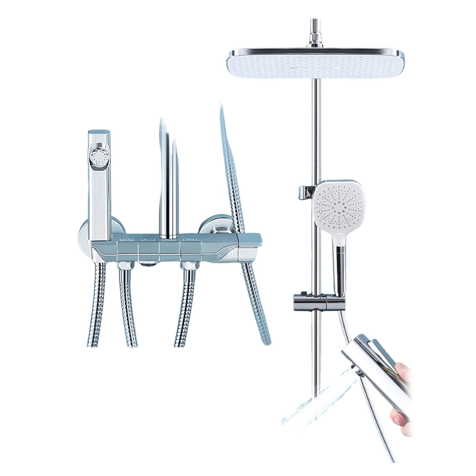 Sistema Doccia, Set Rubinetto Grigio, 4 funzioni, Kit di Montaggio a Parete con soffione Portatile a 3 modalità, doccetta per Bidet a Pioggia