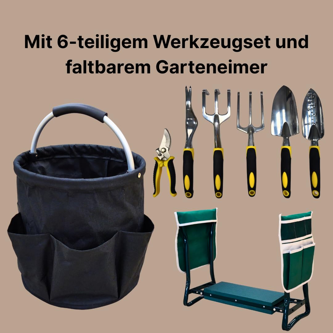 2 in 1 Kniebank für Gartenarbeit mit Eva-Schaumpolster, klappbar, inkl. 2 Werkzeugtaschen, 6-teiligem Werkzeugset und faltbarem Garteneimer, belastbar bis 150 kg