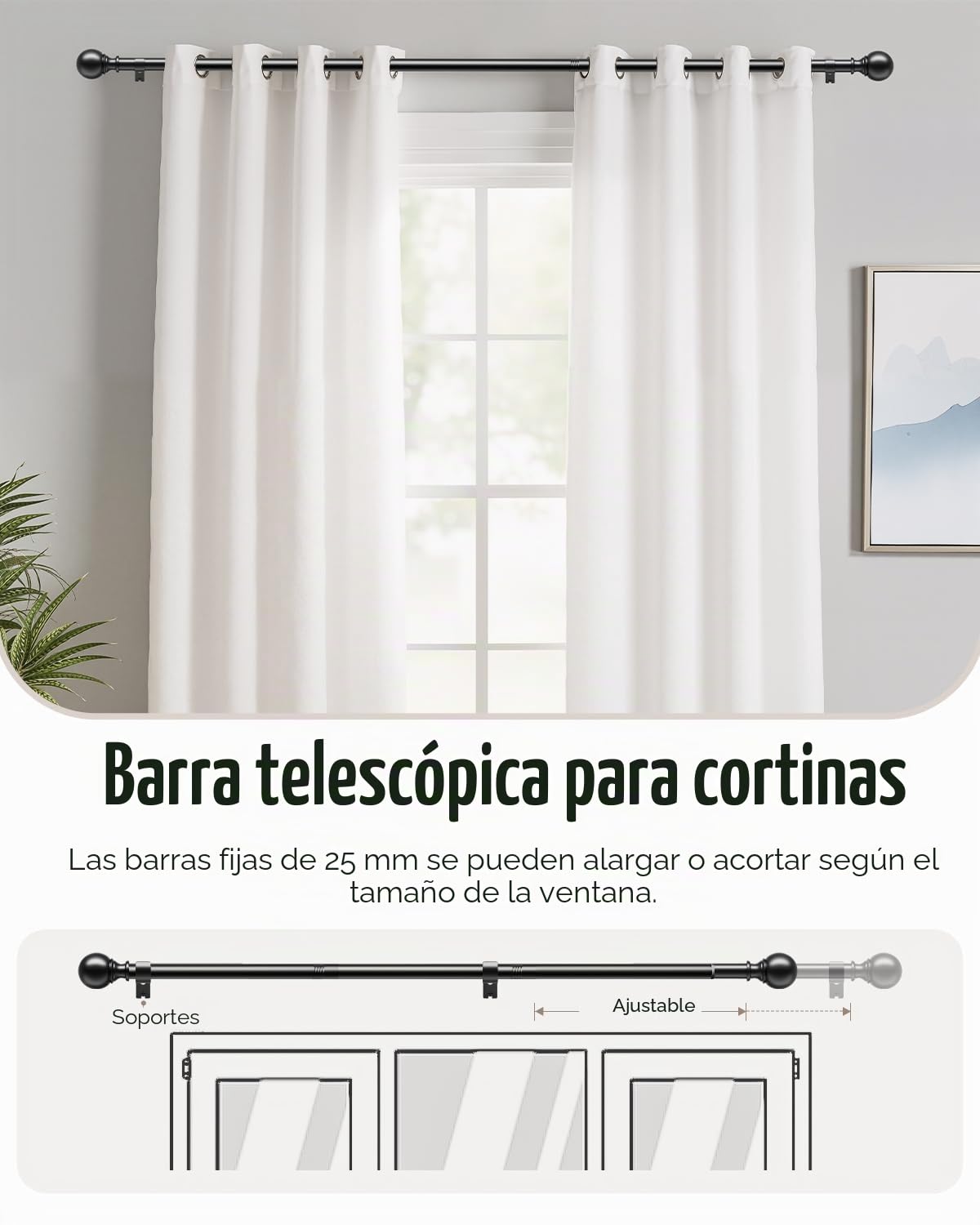 Barra de cortina negra, diámetro de 25 mm, 80-305 cm, barra de cortina de metal con cabezal redondo y 2 soportes para dormitorio, sala de estar, cocina