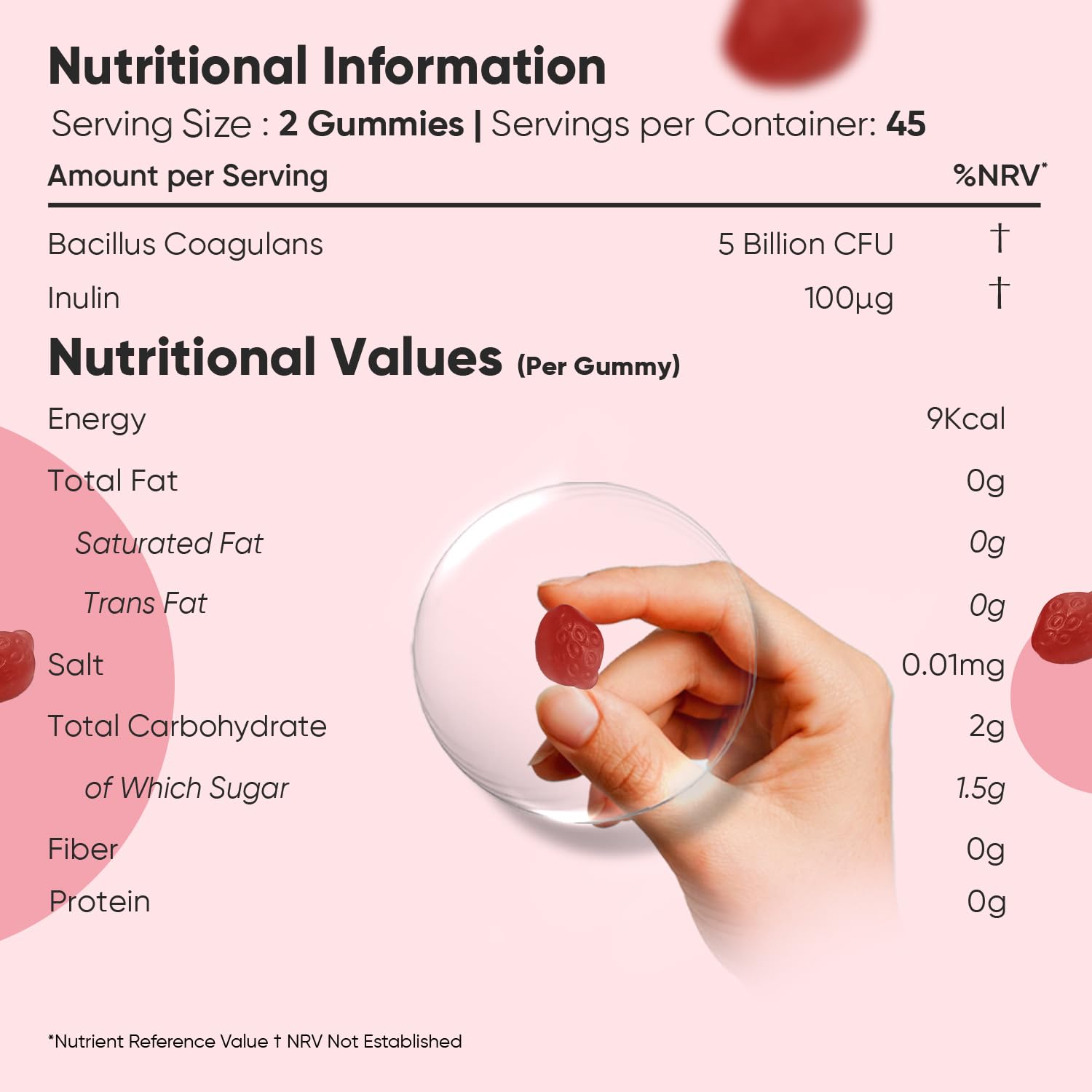Probiotic Gummies with Prebiotics - 5 Billion CFU - 45 Days Supply - 90 Vegan Gummies - Natural Strawberry & Vanilla Flavour - Spore-Forming Bacillus Coagulans Strain & Prebiotic Fibre Inulin