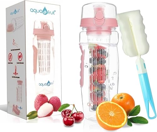 AquaFrut - Botella de agua con infusor de frutas de 32 onzas, sin BPA, botella deportiva de infusión de frutas, tapa abatible con boquilla para