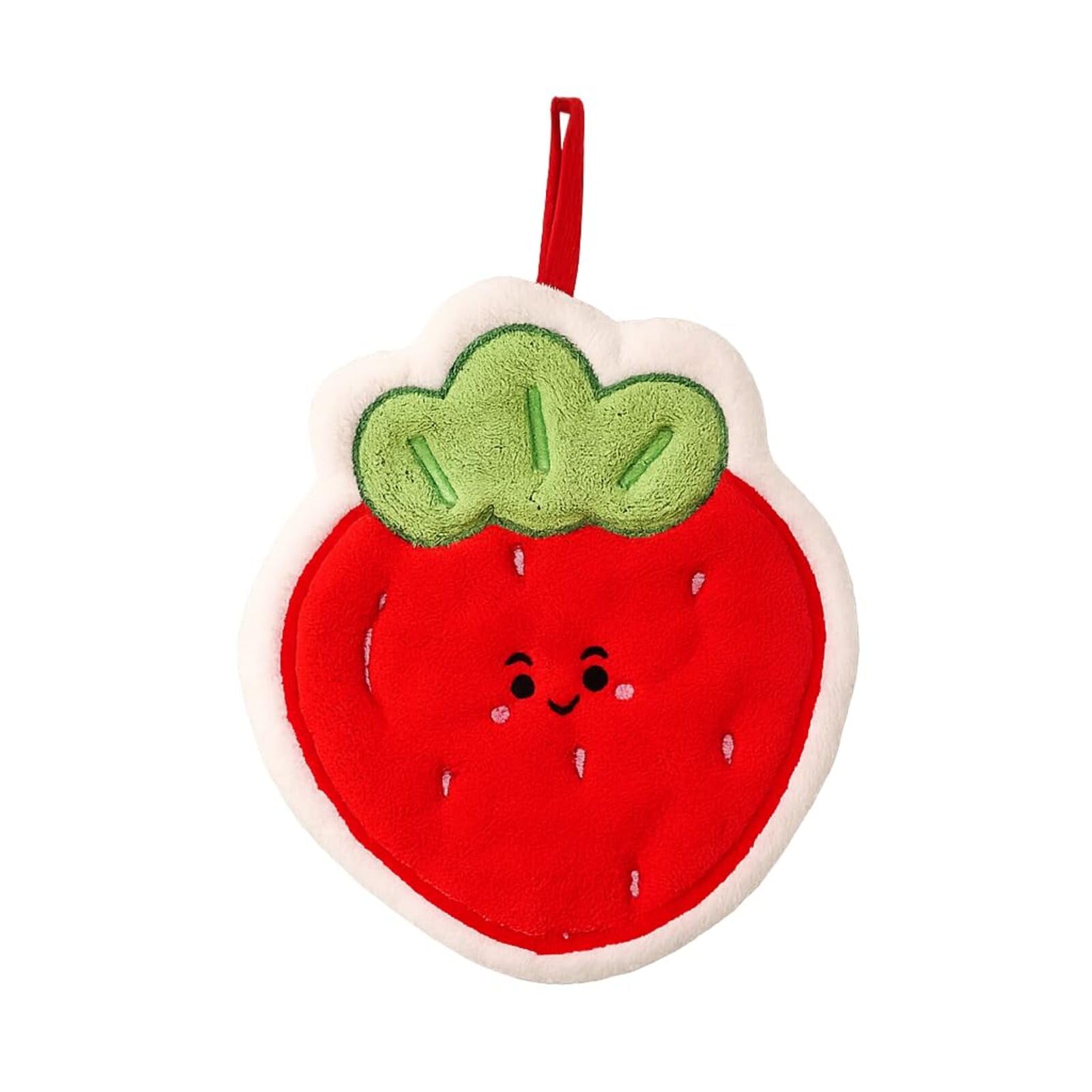 Cute Fruit Shape Hanging Hand Towel | Soft Coral Fleece Microfiber Kitchen & Bathroom Hand Wipe | Super Absorbent Quick Dry Reusable Hanging Towel | Fruit Design Hand Towel (Strawberry Shape) (Red)-image-4