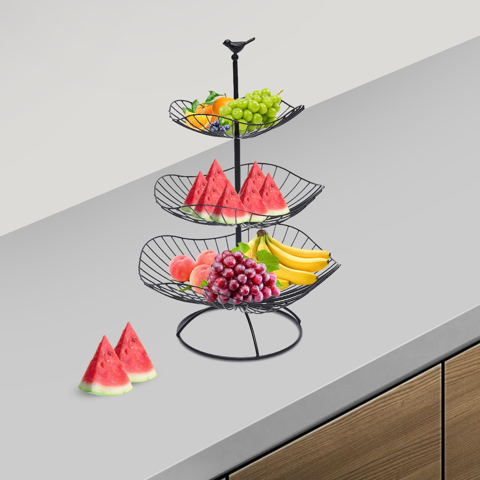 Frutero de 3 pisos, frutero de metal mate, moderno, soporte para frutas, para más espacio en la encimera, cocina, pan, aperitivos, verduras (negro), 20 x 25 x 31 cm