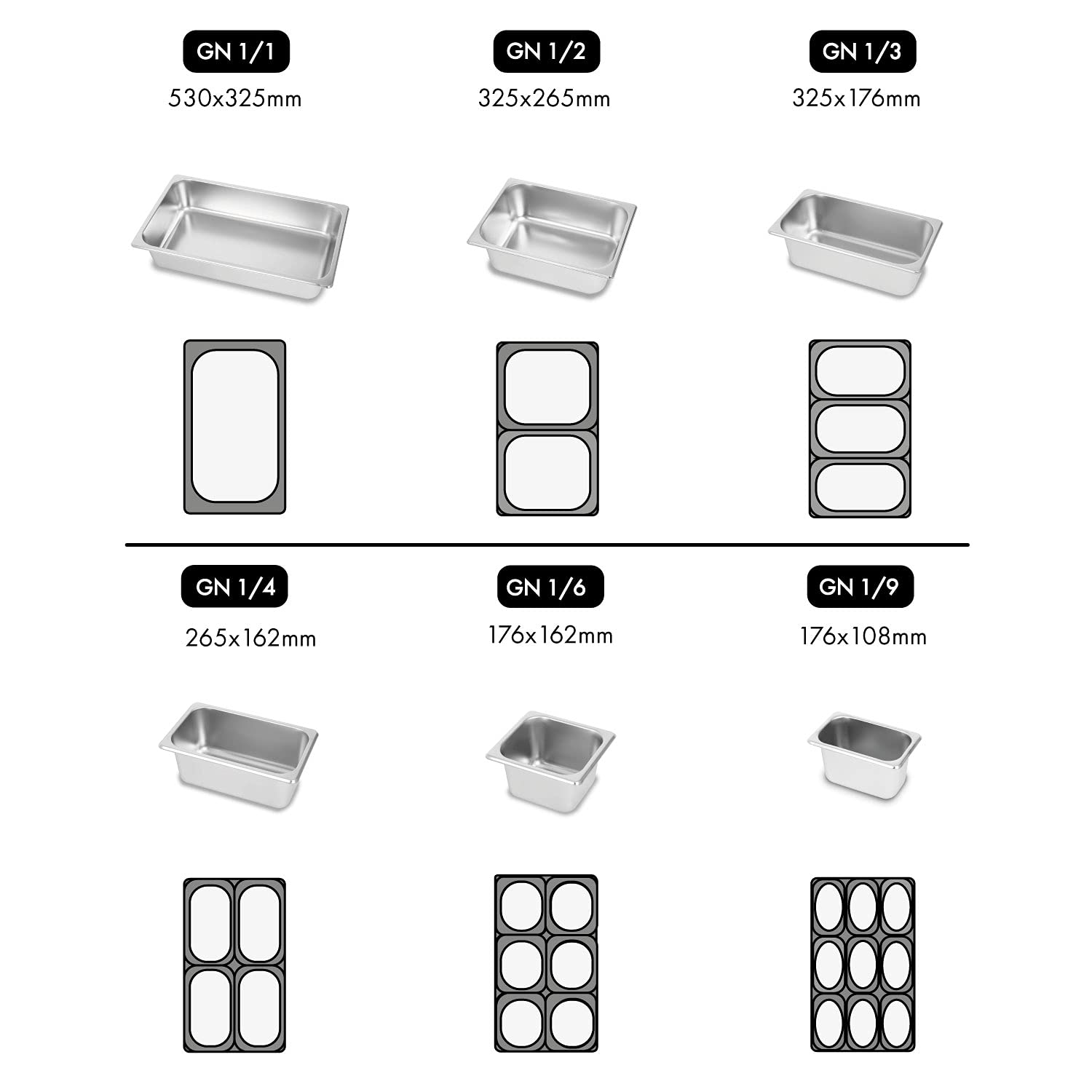 vertes Contenitore Gastronorm GN 1/1 Acciaio Inossidabile (Profondità 100mm, Igienico, Resistente ai graffi, Resistente alle temperature da -40° a +300°C, per Bain Marie e uso Multiuso in Gastronomia)