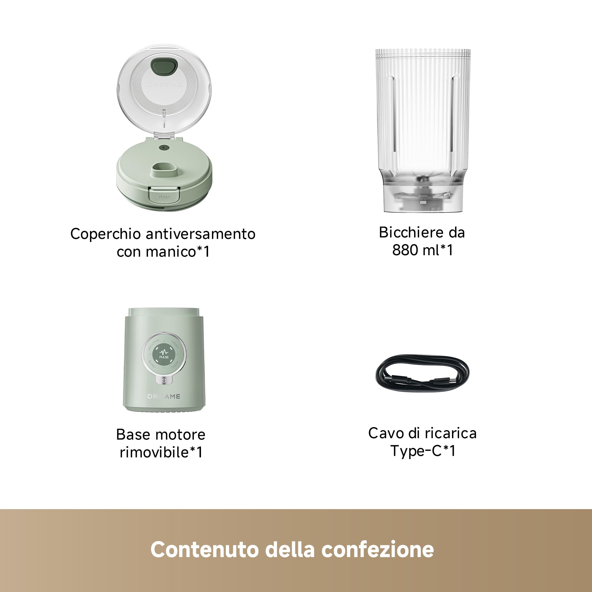 DREAME PortFresh Frullatore Portatile, Base Rimovibile, Ricarica Rapida, Bicchiere 880 ml Senza BPA (Capacità 500 ml), 5 Funzioni Preimpostate, Modalità di Autopulizia, Lavabile in Lavastoviglie,Verde