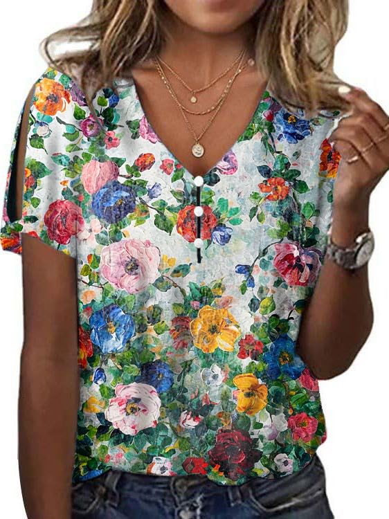 HOTYD Women's Boho Floral Print Ladies Short Sleeve Tops Summer Blouses Dressy Casual V Neck Cold Shoulder Tunic Tops