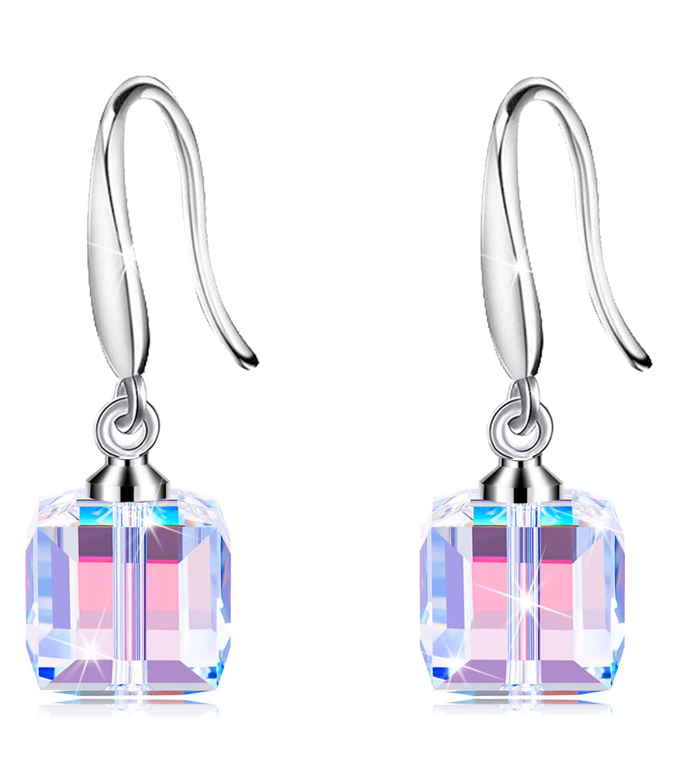 8mm Cube Crystal Fishhook Earrings with Swarovski Crystals Classic Fishhook Shape Ear Hook Women's Gifts,14K Platinum-Plated Mothers Day Gifts
