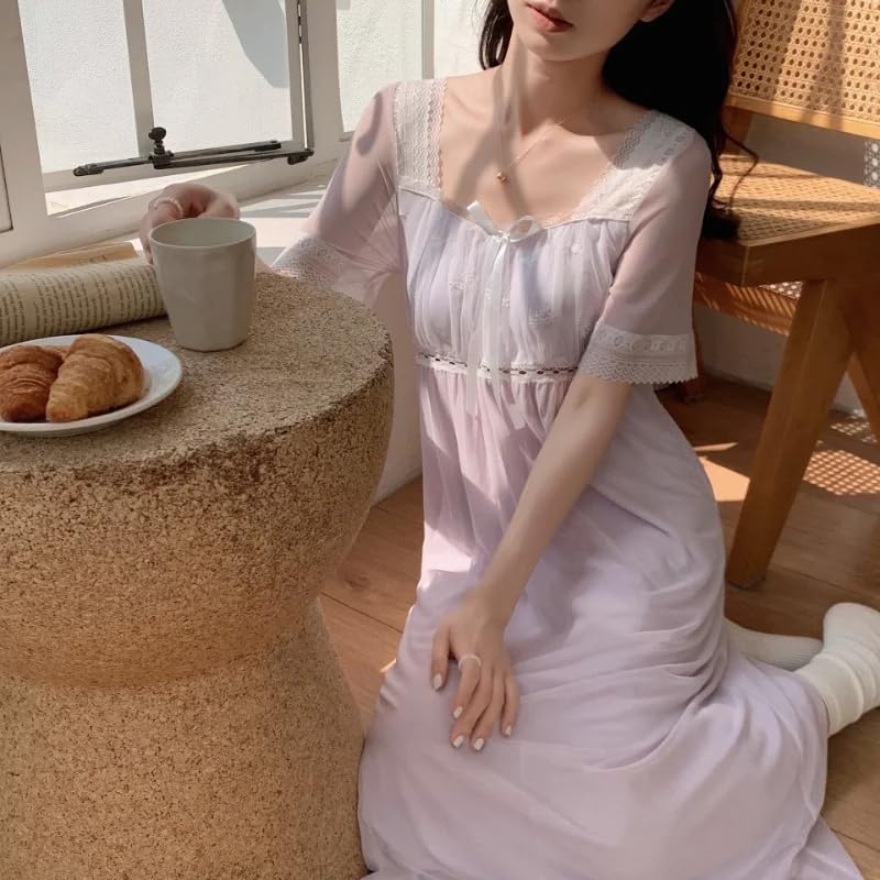 OFFSUM Camisón De Pijama De Mujer - Verano Malla Encaje Bordado Cuello Cuadrado Ropa De Dormir Dulce Tamaño Grande Temperamento Camisón Princesa Ropa De Casa Vestido