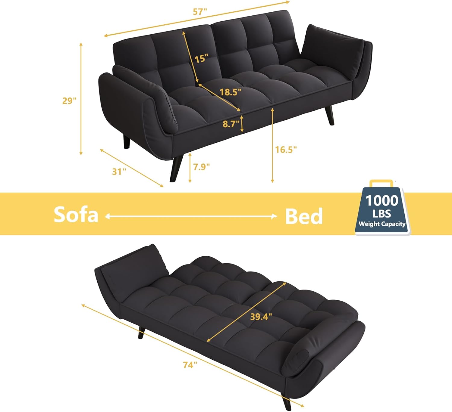 Majnesvon Velvet Futon Sofa Couch Bed with 2 Pillows, Convertible Folding Futon Couch with Adjustable Backrest, Love Seat Sleeper Sofa Bed for Small Spaces, Living Room, Office, Apartment (Black)