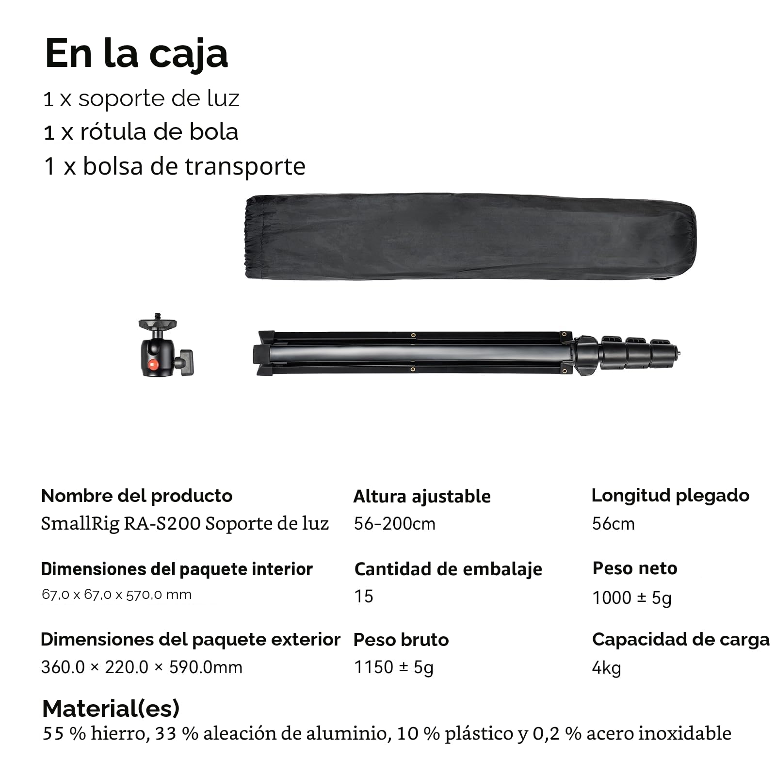 SMALLRIG Soporte de Luz de 200cm, Trípode Portátil para Fotografía, Ideal para Reflectores, Cajas de Luz, Luces de Estudio, Anillo de Luz, Carga Máxima 4kg, Tamaño Plegado 56cm, RA-S200-4379