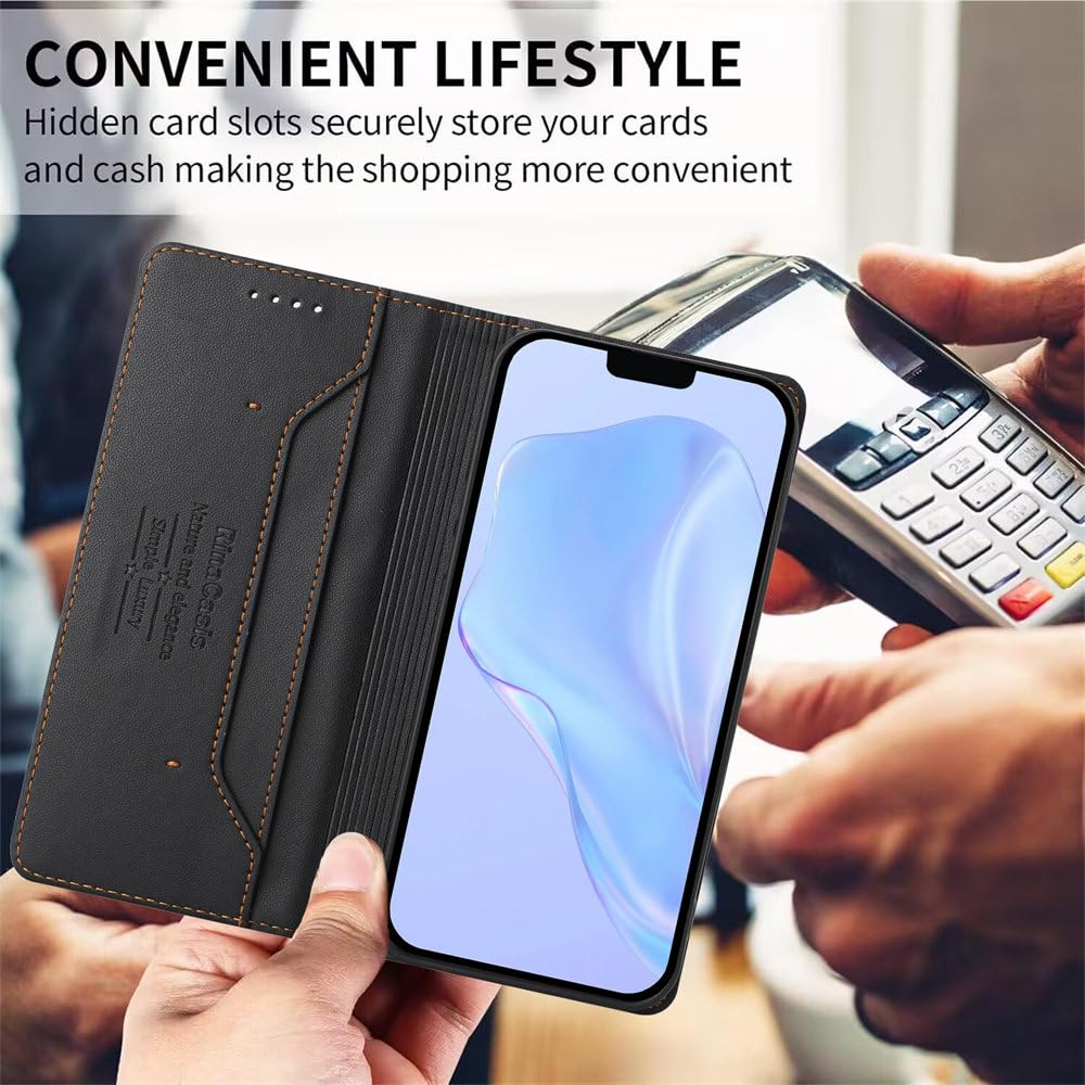 Rojeuinn Cover per Honor Magic 7 Lite 5G custodie,Premium Portafoglio Magnetica Flip Case,Custodia con fibra di carbonio-Nero