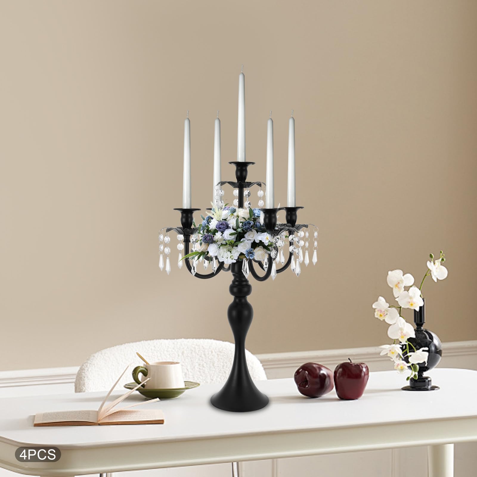 4 portacandele a 5 bracci in ferro con ciondolo in vetro, altezza 52 cm, larghezza 36 cm, candelabri, candelabri, candelabri, candelabri, per candele coniche, feste, matrimoni, tavolo, decorazione da