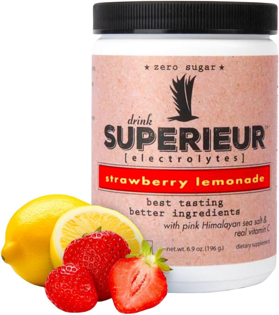 Superieur Electrolytes–Plant Based Electrolyte Supplement w/Sea Minerals for Hydration & Recovery–Keto Friendly, Non-GMO, Zero Sugar, Vegan Healthy Sports Drink Powder–Strawberry Lemon(70 Serv)