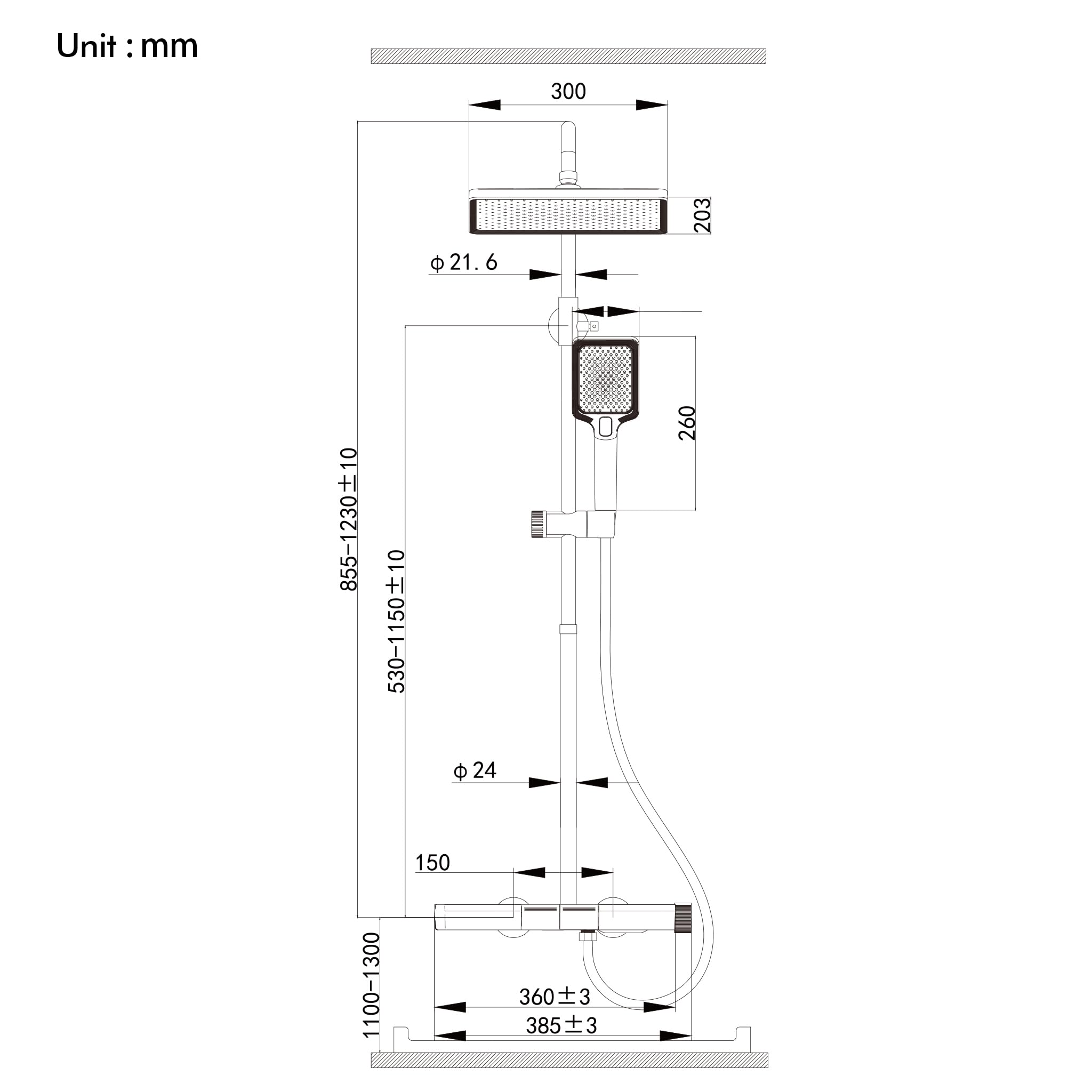 HOMELODY Duschsystem mit Thermostat und Glasablage Schwarz - 30x20cm Groß Kopfbrause Regendusche und 3 Strahlarten Handbrause, 2 Klavierknöpfen Duscharmatur Komplettset, Duschgarnitur mit Regendusche